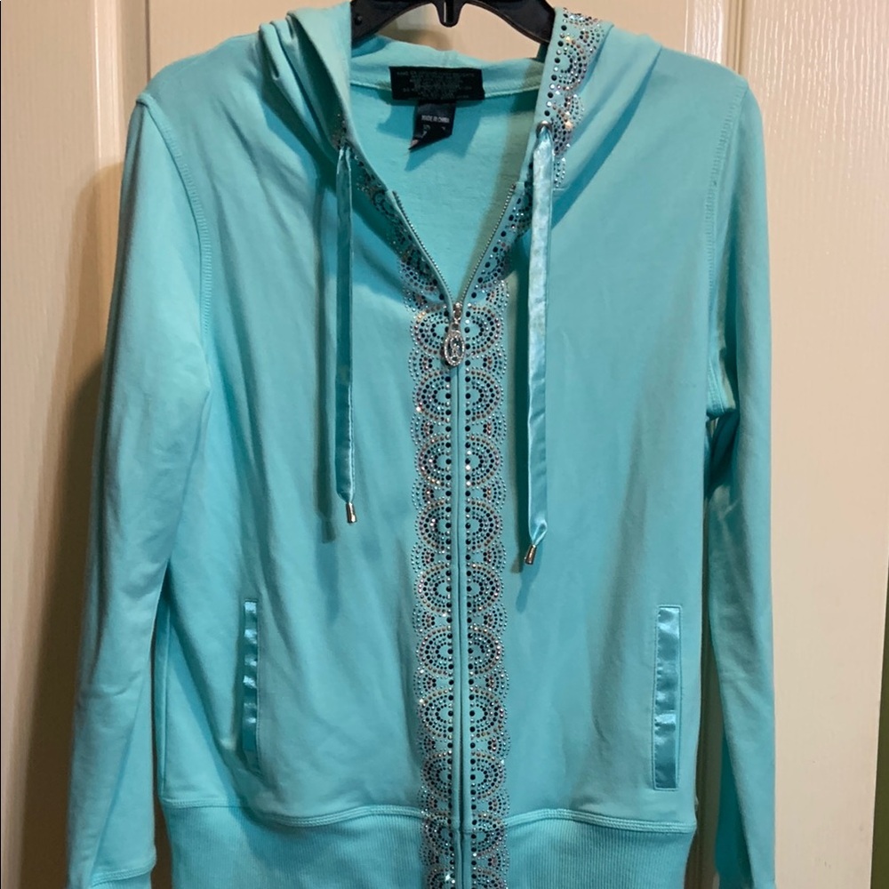 Aqua Embellished Zip-Up Hoodie
